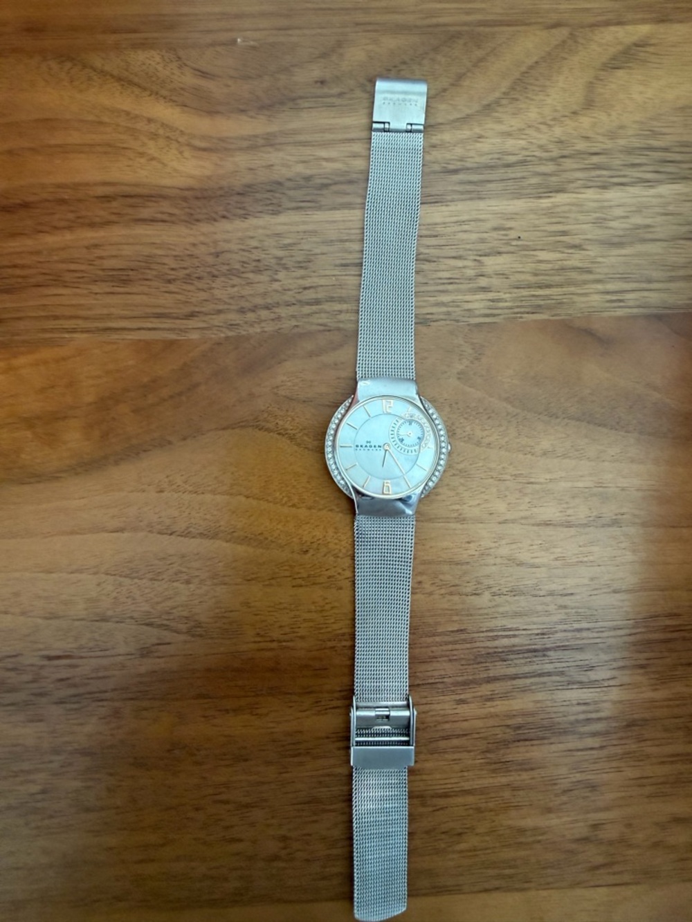 Skagen Silver Mesh Bracelet Crystal Accent Watch